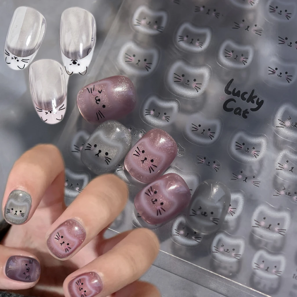 1 قطعة 5D الأبيض هالة الصباغة القط الوجه مسمار ملصقات الإغاثة لطيف القط التعبير مسمار ملصق مائي DIY بها بنفسك اليابانية Kawaii كس مانيكير المنزلق