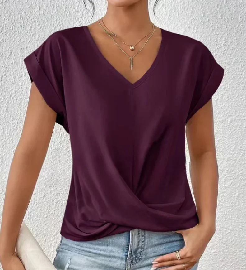 Camisetas Tees Kleidung Schwarz Weiß V-Ausschnitt Damen T-Shirt Neues Sommer Einzigartiges Kurzarm-T-Shirt Damen Tops Damenbekleidung Q5593 – Detail 24
