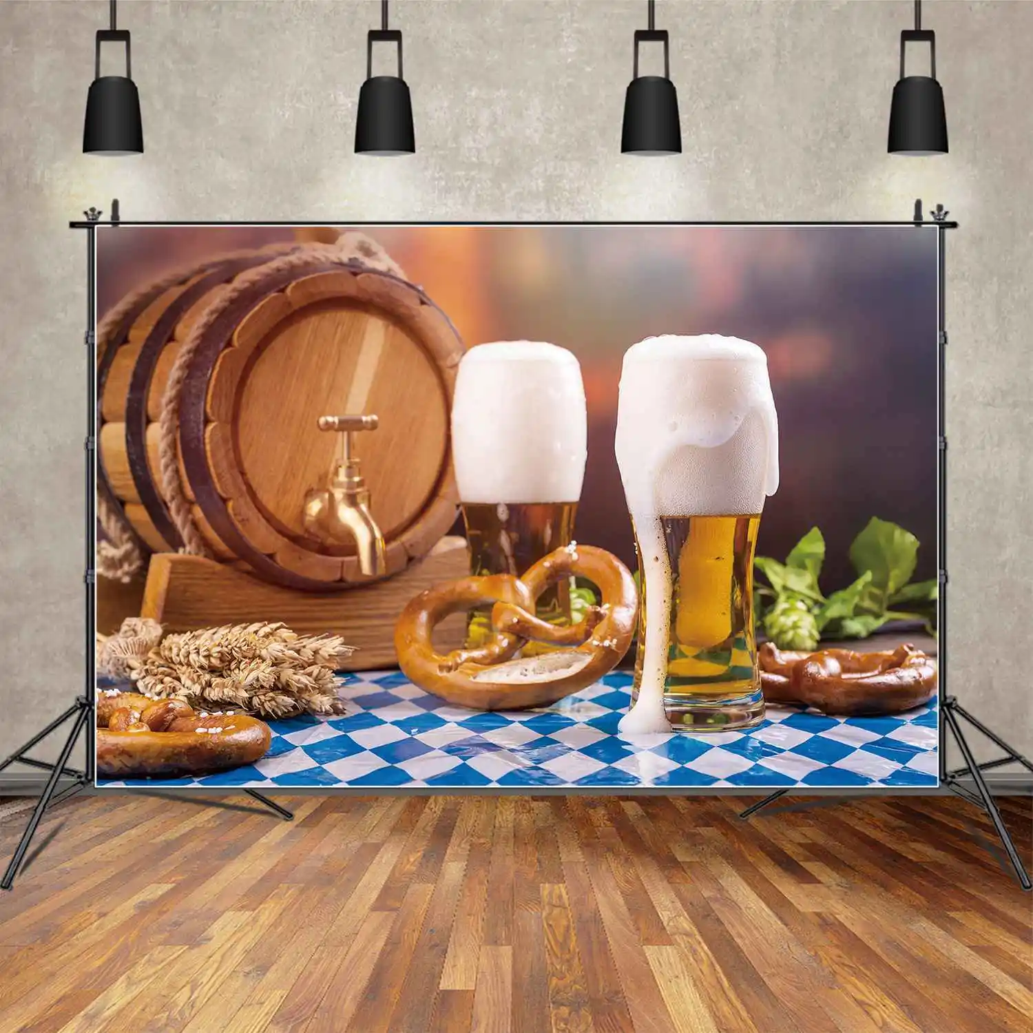 MOON.QG Backdrop Oktoberfest Beer Festival Party Props Photography Background Custom Bagel Barrel Blue Check Cloth Photo Booth