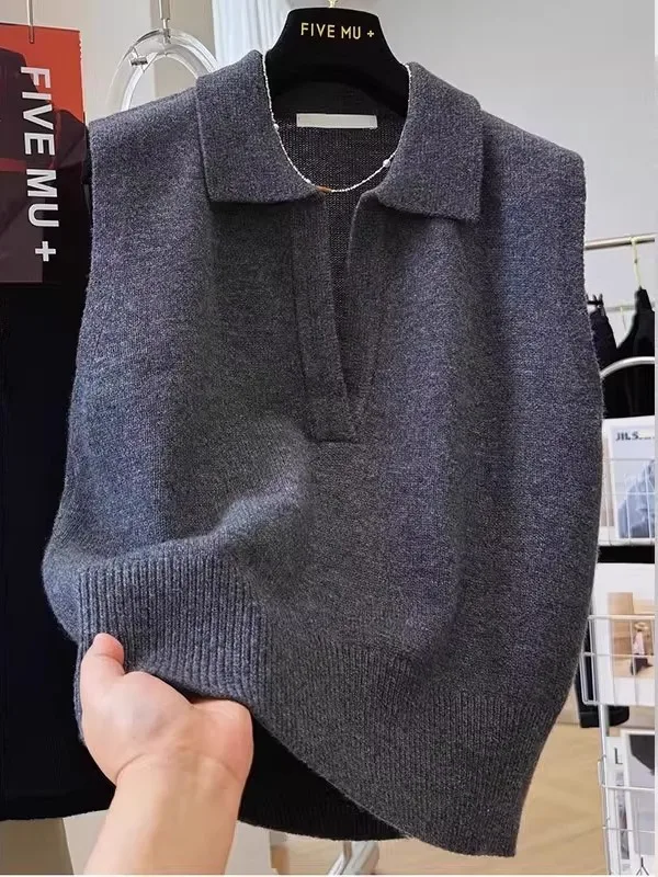 

Вязаный жилет большого размера 300 Pou, мягкий и уютный, с отложным воротником, для мужчин и женщин, осенне-зимний, простой, для многослойных образов, топ Svel