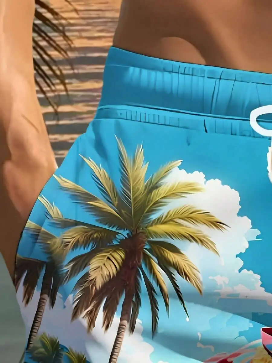 

Mens Beach Shorts With 3D Palm Tree Print, Lightweight Polyester, Drawstring Waist