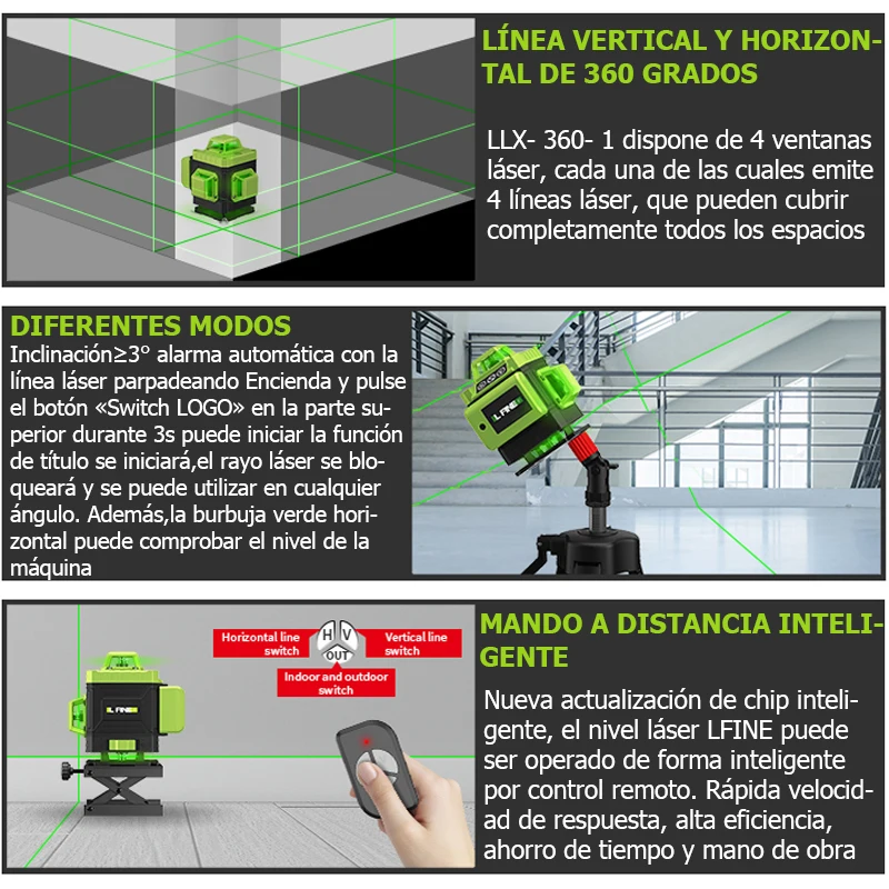 Verde Horizontal e Vertical Auto Linha Laser, Feixe Verde, Multi-Function, 16-Linha, 360, Vertical, Ultra Poderoso