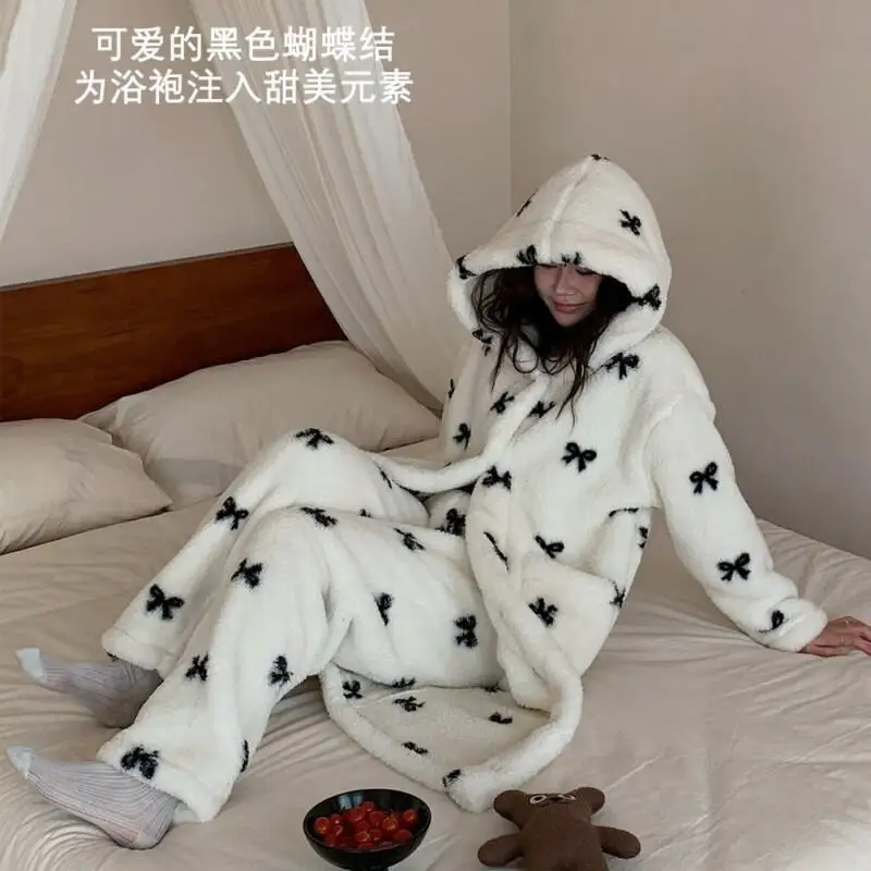 

Girl Winter Homewear Set Flannel Nightwear Fleece Loungewear with Hood Polka Dot Stripes Warm Sleepwear Women's Pajama Set