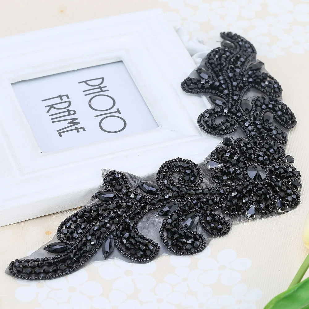 FZD 1 PC Black Crystal Rhinestone Applique Welding Flower Patch Sew on Wedding Dress Sleeves Accessories Rhinestone Applique DIY