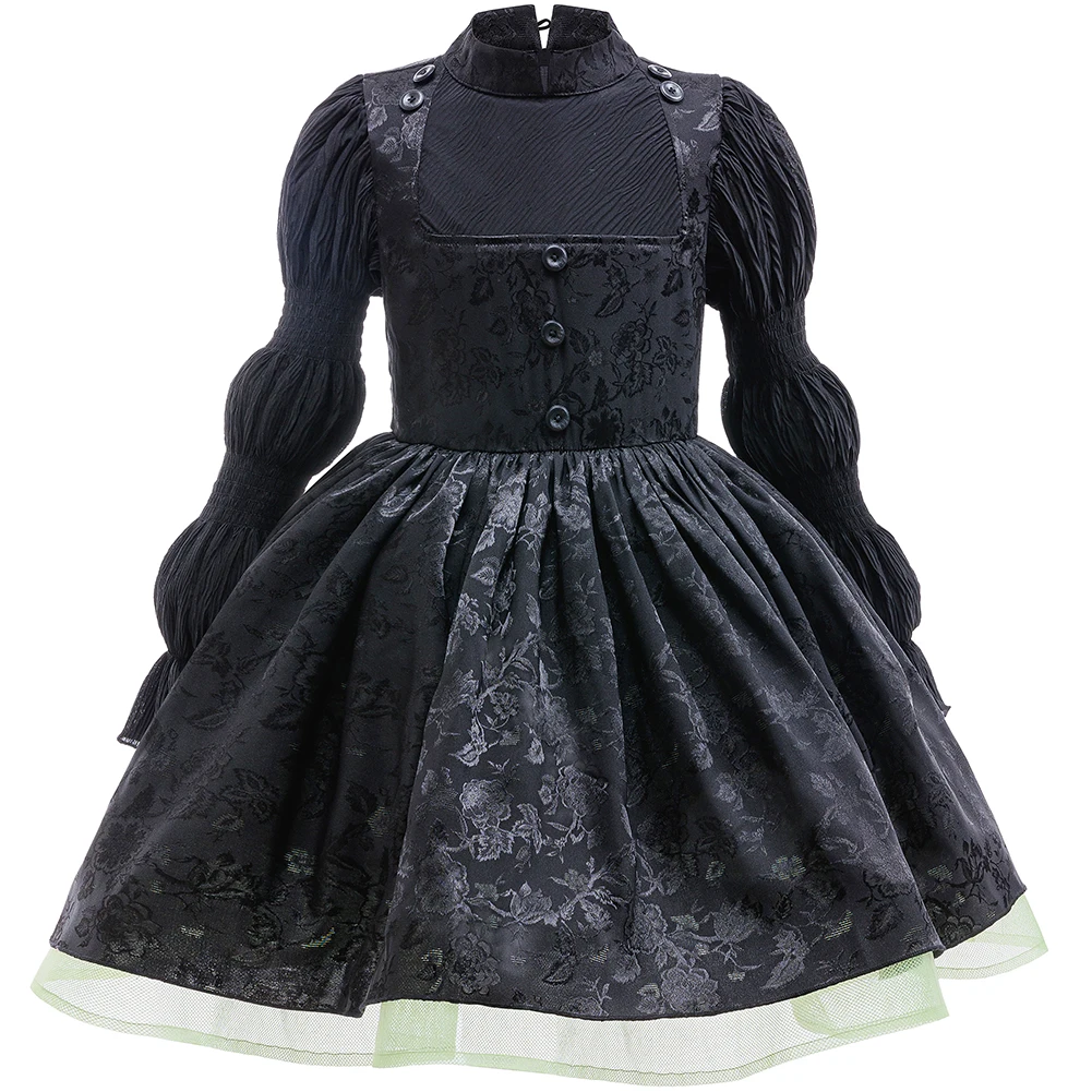 

Evil Witch Costume Girls Long Sleeve Black Fluffy Dress Gothic Style for Children Halloween Birthday Party Stage Performance