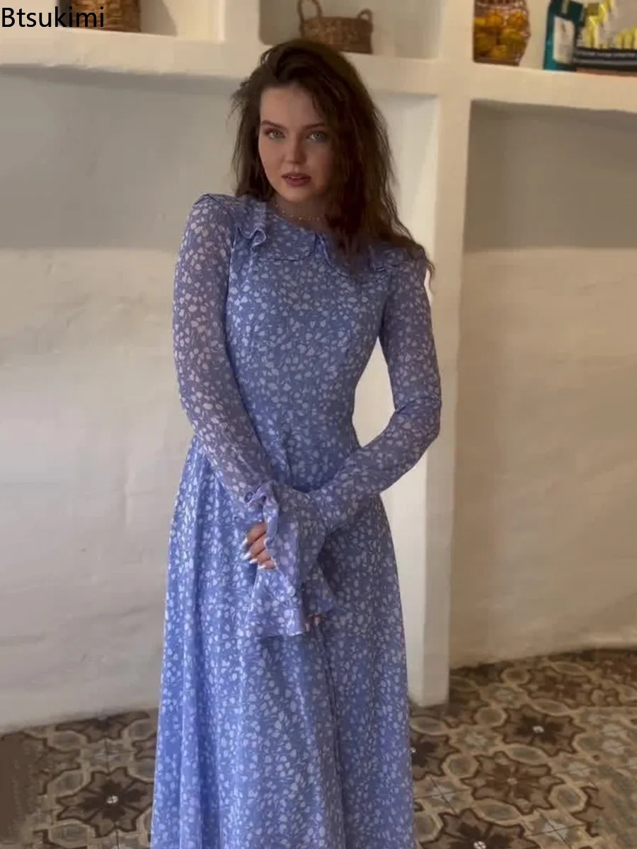 

2025 New Women's Polka Dot Print Long Dress Sweety Ruffle Sleeve Doll Collar Long Sleeve Party Dress Elegant Vintage Women Dress