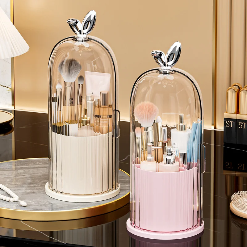 Makeup Brush Storage Cylinder, Rotary Dust-Proof Dresser, Cosmetics Storage Box, Desk Top Opening, Red Eye Shadow Storage Rack