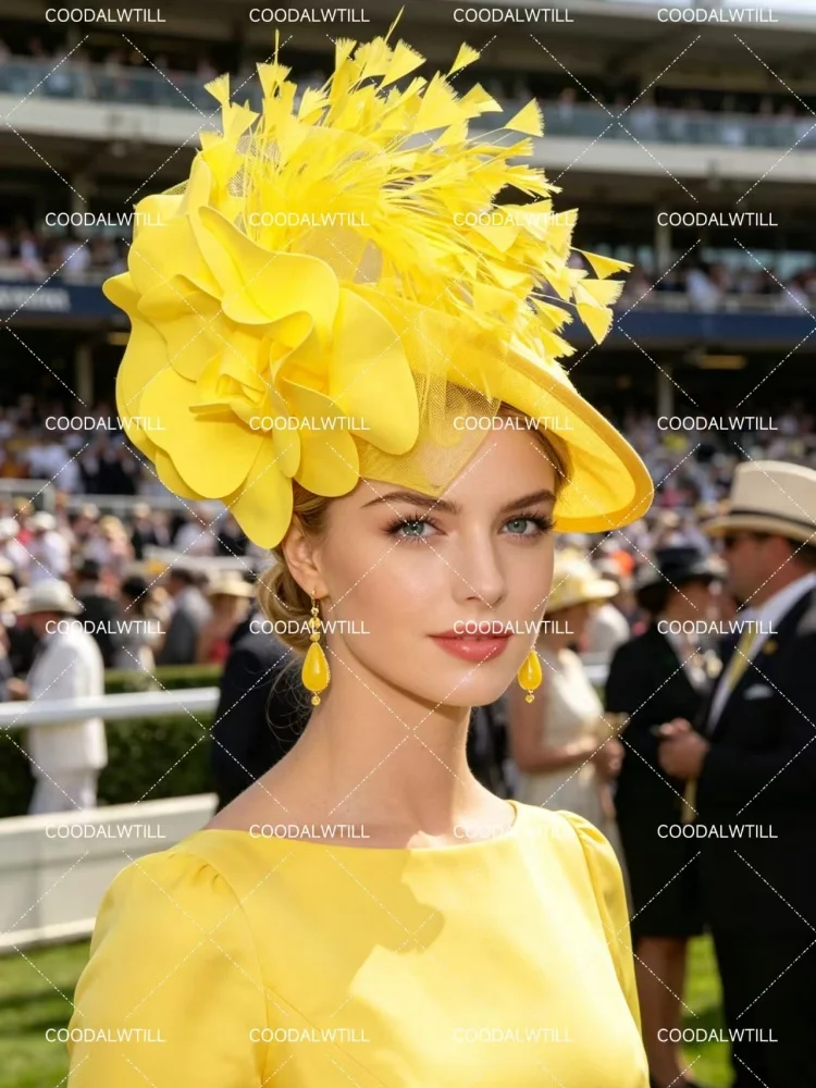 Yellow Large Flower Feather Fascinator Hat Women Formal Wedding Cocktail Headpiece Royal Ascot Horse Race Ladies Millinery Cap