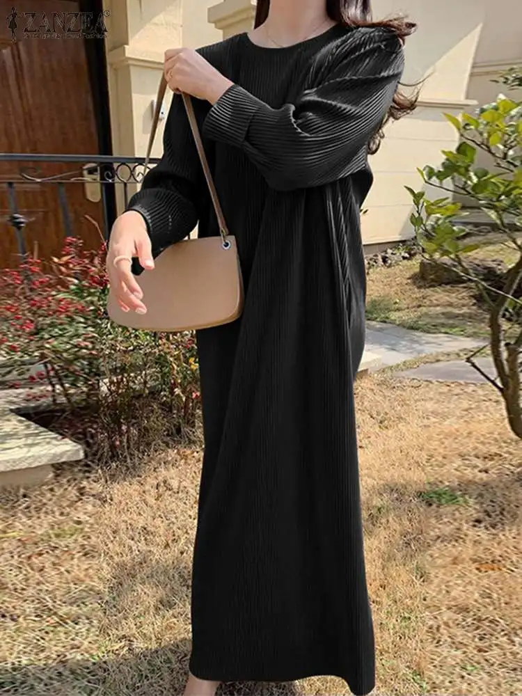 Spring Fashion Pleated Dress 2023 ZANZEA Women Elegant O Neck Long Sleeve Party Sundress Robe Femme Casual Solid Holiday Vestido