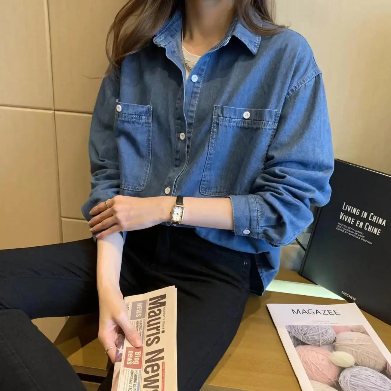 Spring and Autumn New Denim Shirt for Women Loose Medium to Long Sized Student Ins Super Popular Retro Collar Long Sleeve Trendy