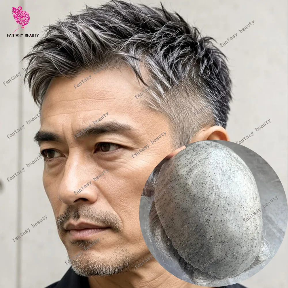 Man's Human Hair Toupee 1b50 1b65 Brown Grey Black Capillar Prosthesis 30mm Wave Flow Hairstyle Cheapest Strong Poly Skin Toupee
