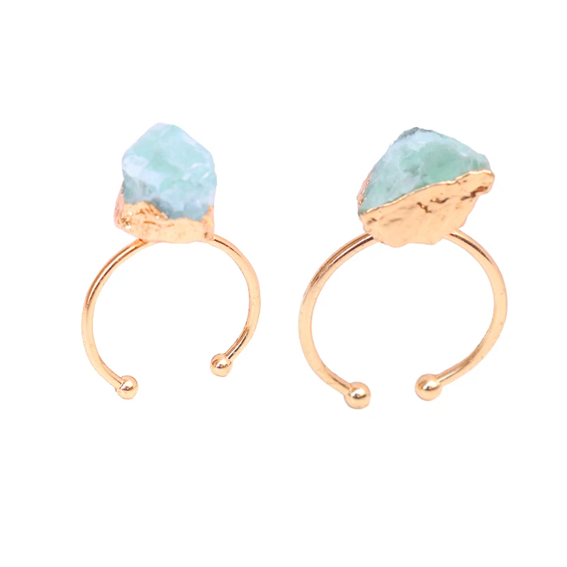Irregular Natural Green Fluorite Open Rings for Women Girls Gold Plated Raw Stone Finger Jewelry Wedding Party Gift