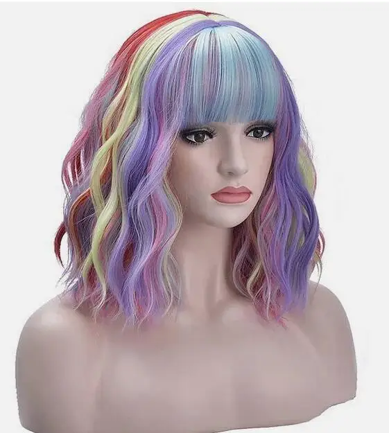 Woman's  Colorful Straight Bangs  Short Curly Hair Wig