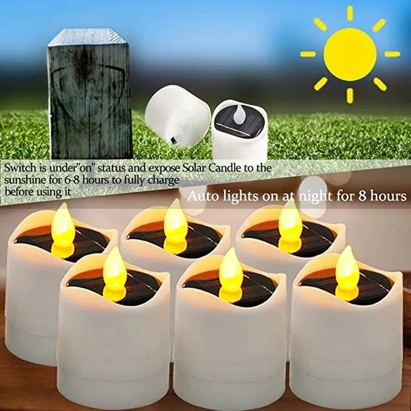 6Pcs Solar Powered LED Candle Light Yellow Outdoor Waterproof Flicker Tea Lamp for Festival Wedding Party Romantic Decor image 6