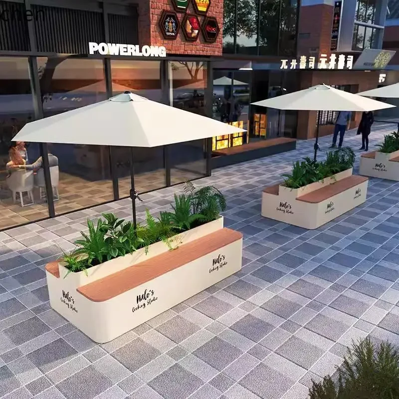 Outdoor Bench Flower Box Set Outdoor Iron Art Flower Bed with Seat Partition Flower Box Rest Bench