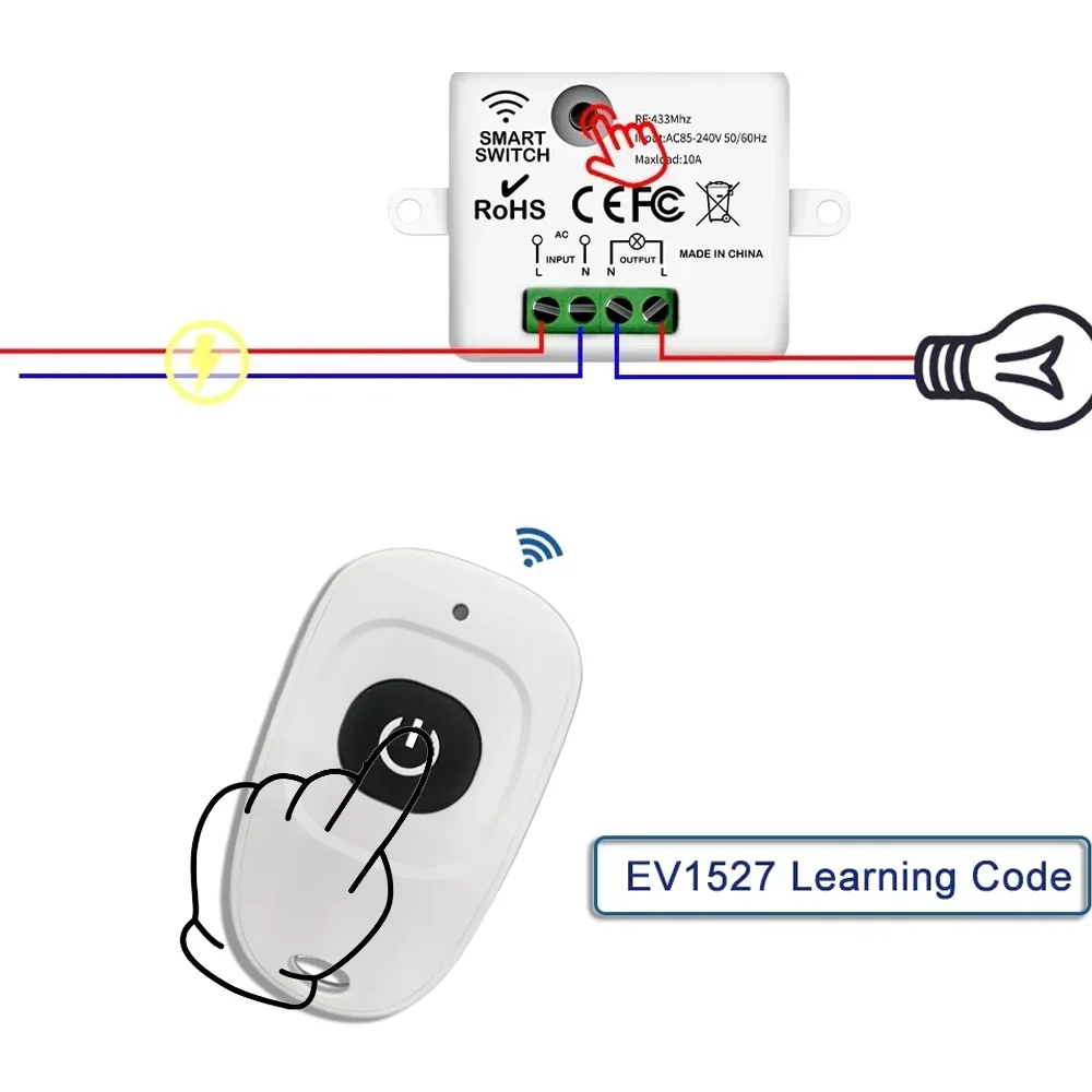 RF433 wireless remote control wall switch module 110V 220V 10A miniature magnetic control relay household lamp fan LED TV