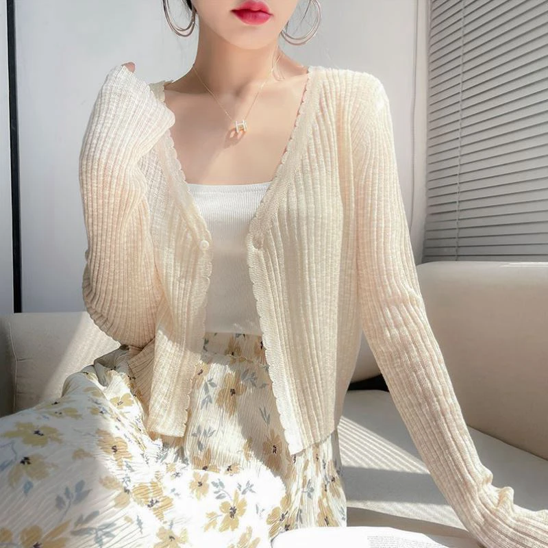Knitted Sweater Women Cardigans Knitwears New V-Neck Black Sunscreen Knit Sweater Cardigan Women Tops Long Sleeve Sweaters Q3574