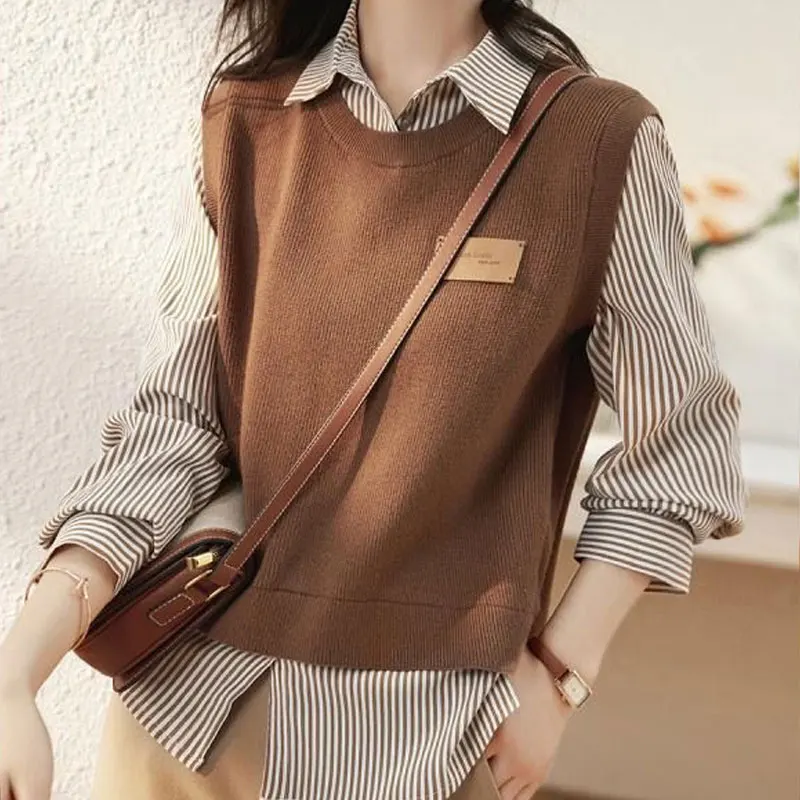 2024 New Streetwear Fake Two Pieces Striped Spliced Shirt Spring Autumn Polo-Neck Female Clothing Fashion Button Casual Blouse