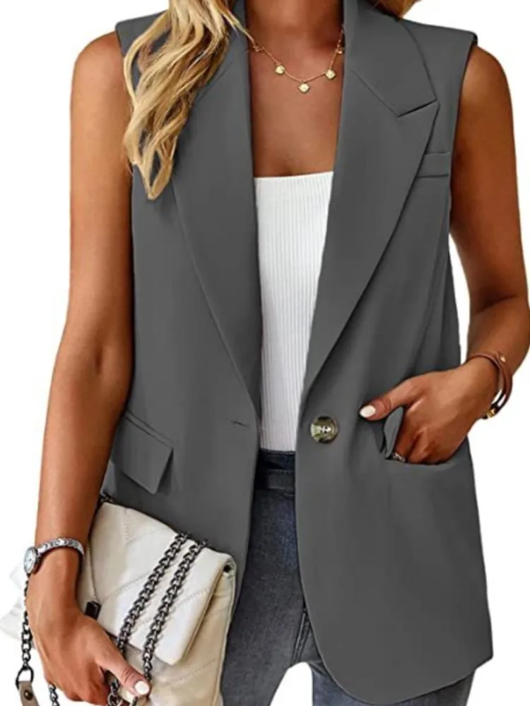 Casual Sleeveless Suit Vet Office Lady Spring Autumn Fashion Elegant Solid Turn Down Collar Blazer Coats For Women 2023 Tops