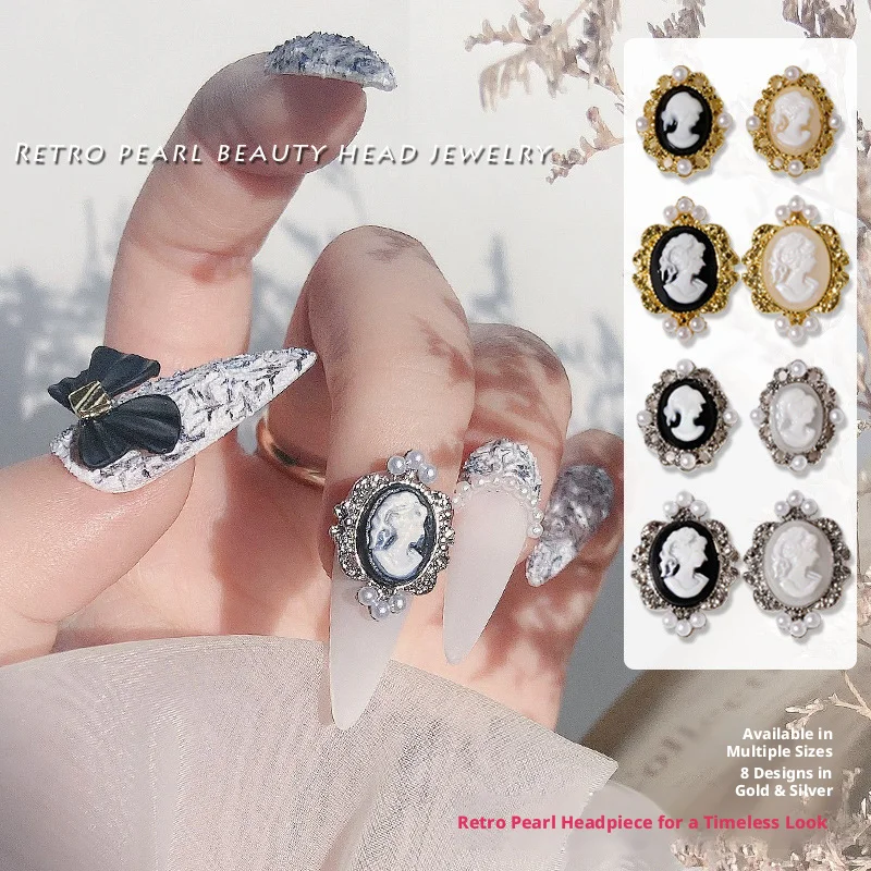 10pcs Vintage Baroque Beauty Head Nail Charms Gold Silver Elegant Metal Pearl Nail Art Decorations For Manicure Accessories