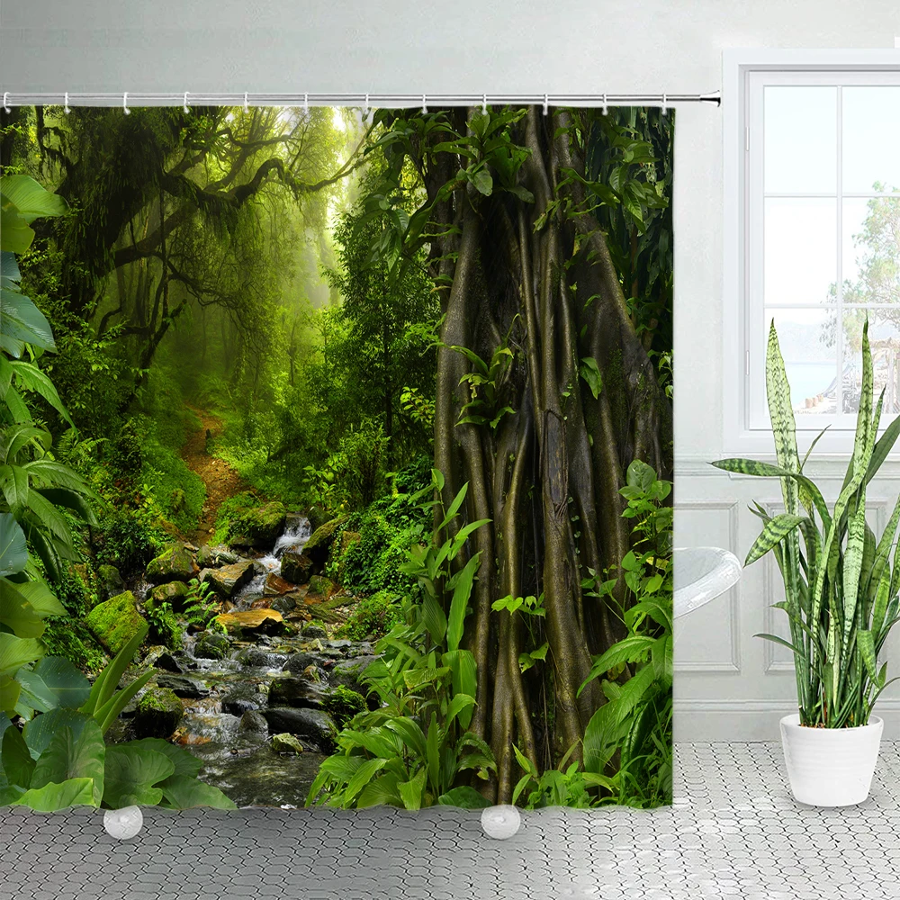 Tropical Rainforest Forest Shower Curtain Green Plants Trees Spring Scenery Polyester Fabric Bathroom Decor Bath Curtains Hooks