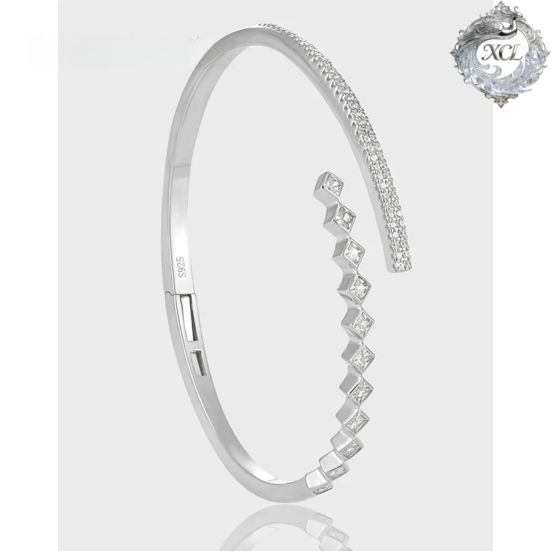

XCL S925 Sterling Silver Square Diamond Bangle - Women's Exaggerated Light Luxury All-Sky Star Crystal Bracelet, Fashion Jewelry