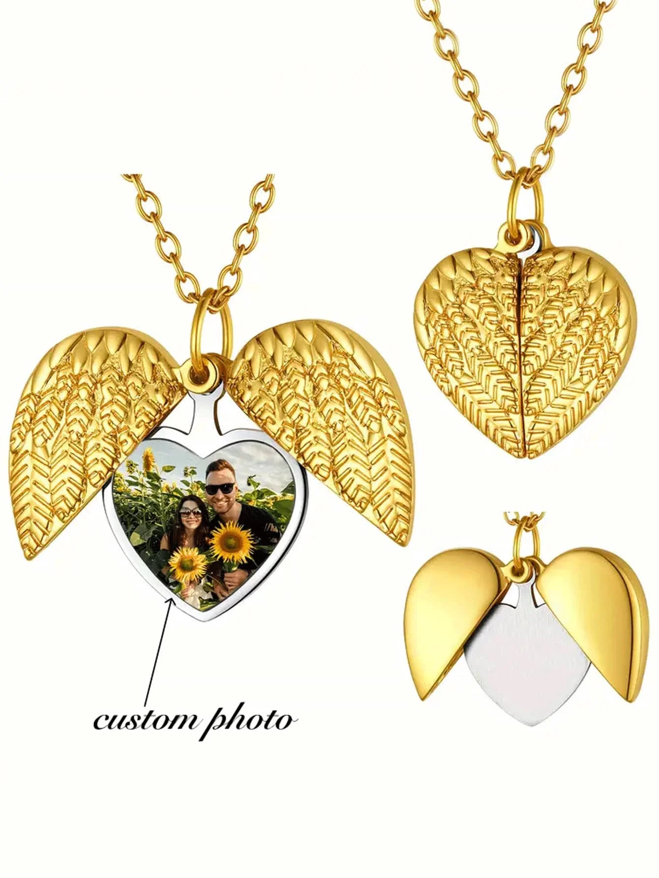 Custom Photo Pendant Necklace - Openable Angel Wing Chain Necklace, Personalised Angel Wing Pendant, Unique Creative Gift