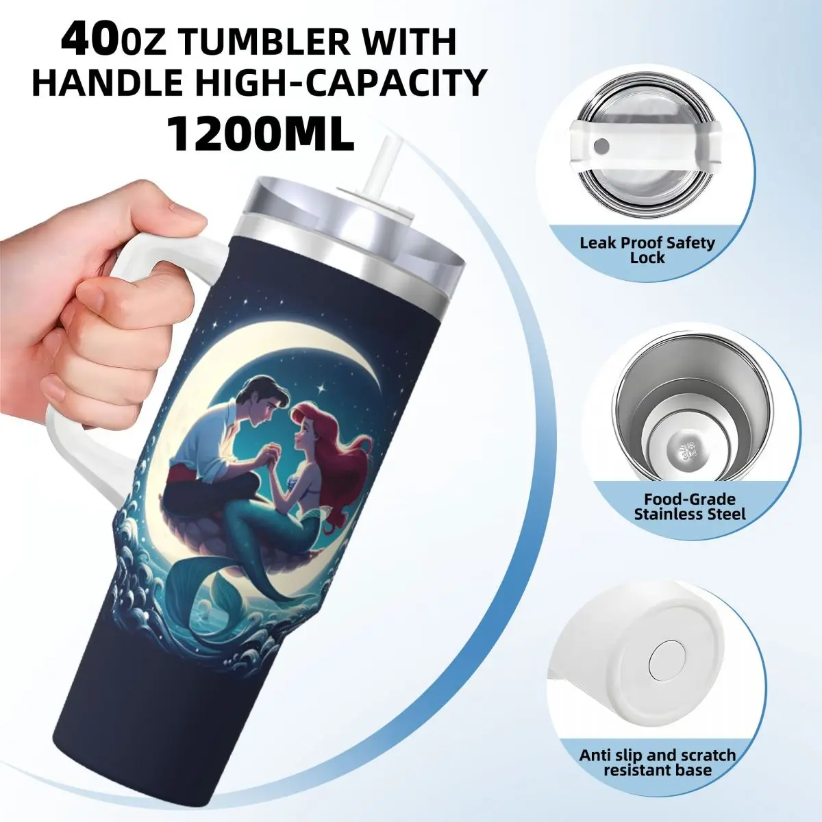 The Little Mermaid Cartoon11 Stainless Steel Tumbler Beach Coffee Mug With Straws and Lid Large Mugs Cup Cold Water Bottle