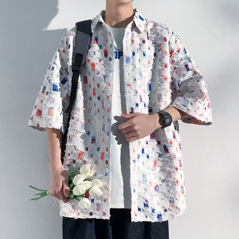 Pop Summer Short Sleeved Shirt Men Fashion Retro Hollowed Out Shirt Men Streetwear Loose Colored Plaid Shirt Mens Large Size M-5