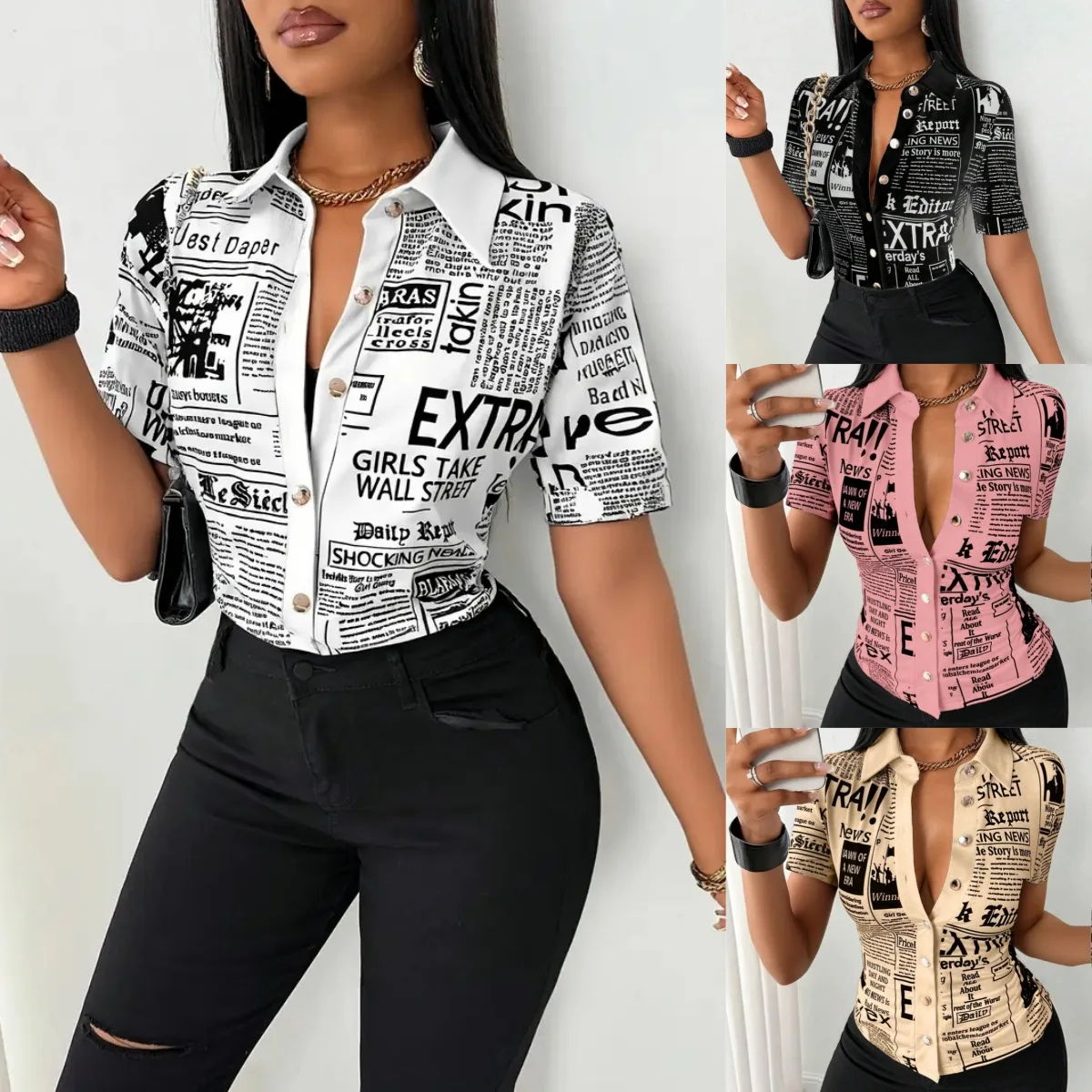 

Solid Color Chiffon Shirt Spring Summer Casual Short Sleeved Fashion Newspaper Printed Single Breasted Sexy Slim Fit Women Shirt