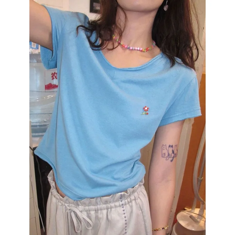 American High Street Retro V-neck Three-dimensional Floral T-shirt 2026 Summer Casual Shoulder Slim Basic Top 민소매 티 여성 Gothic