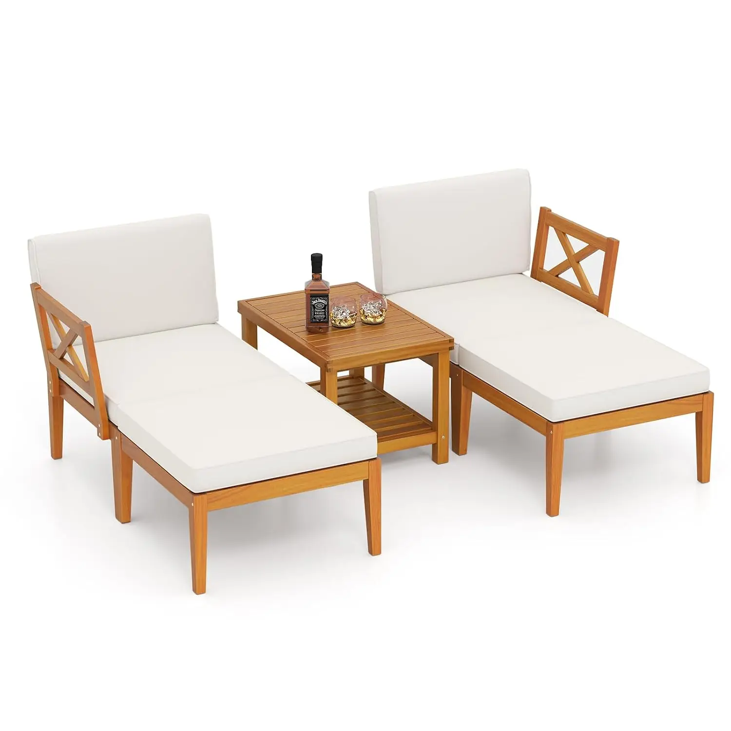 Acacia Wood Patio Chaise Lounge Set with Ottoman & Cushions, 2-Tier Coffee Table, Outdoor Garden Furniture, Customized