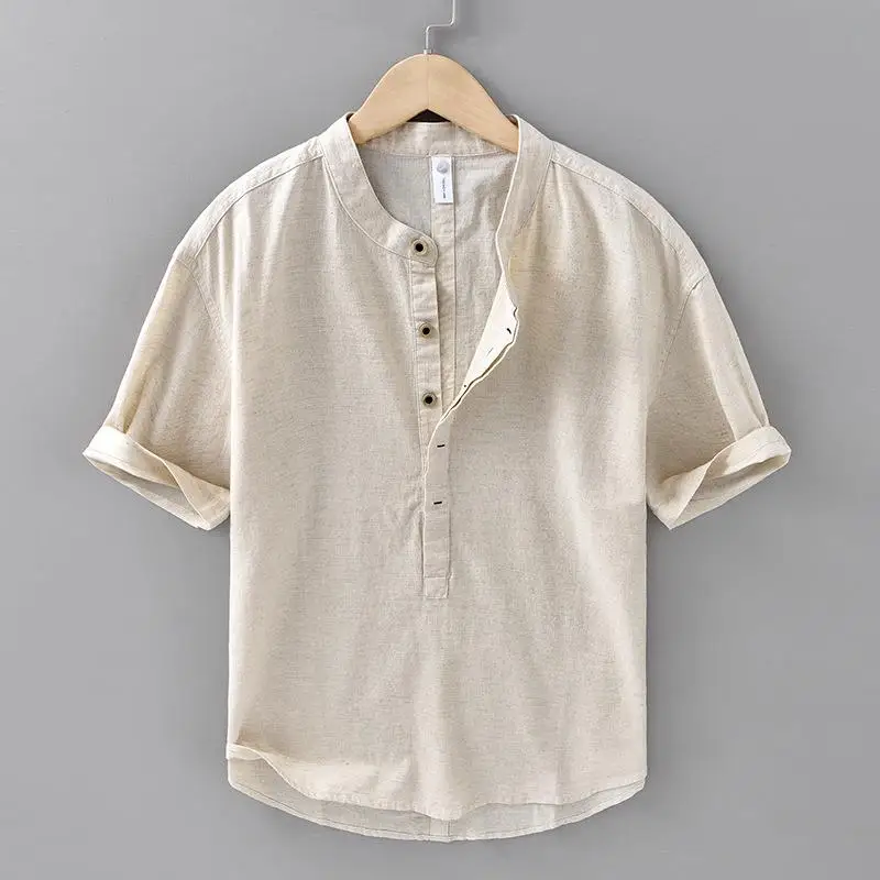 

Men's Cotton Linen Short Sleeve Shirt Thin Summer Lightweight Casual Straight Cut Pure Color Folded Hem Other Material