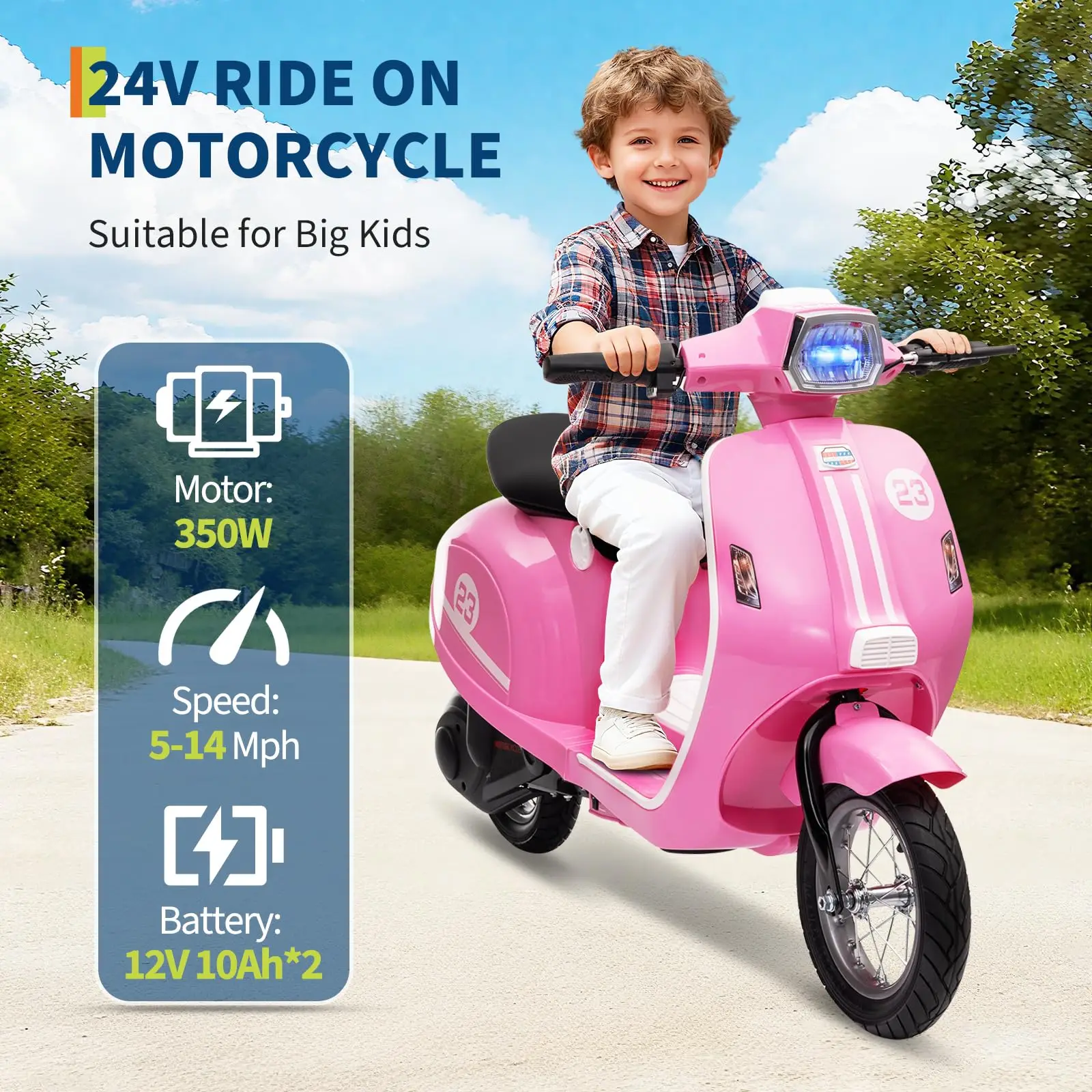 24V Electric Motorcycle For Kids Ages 8-14, 350W Ride On Moped, 14 MPH, Dual 10Ah Batteries, 12in Pneumatic Tires, Suspension