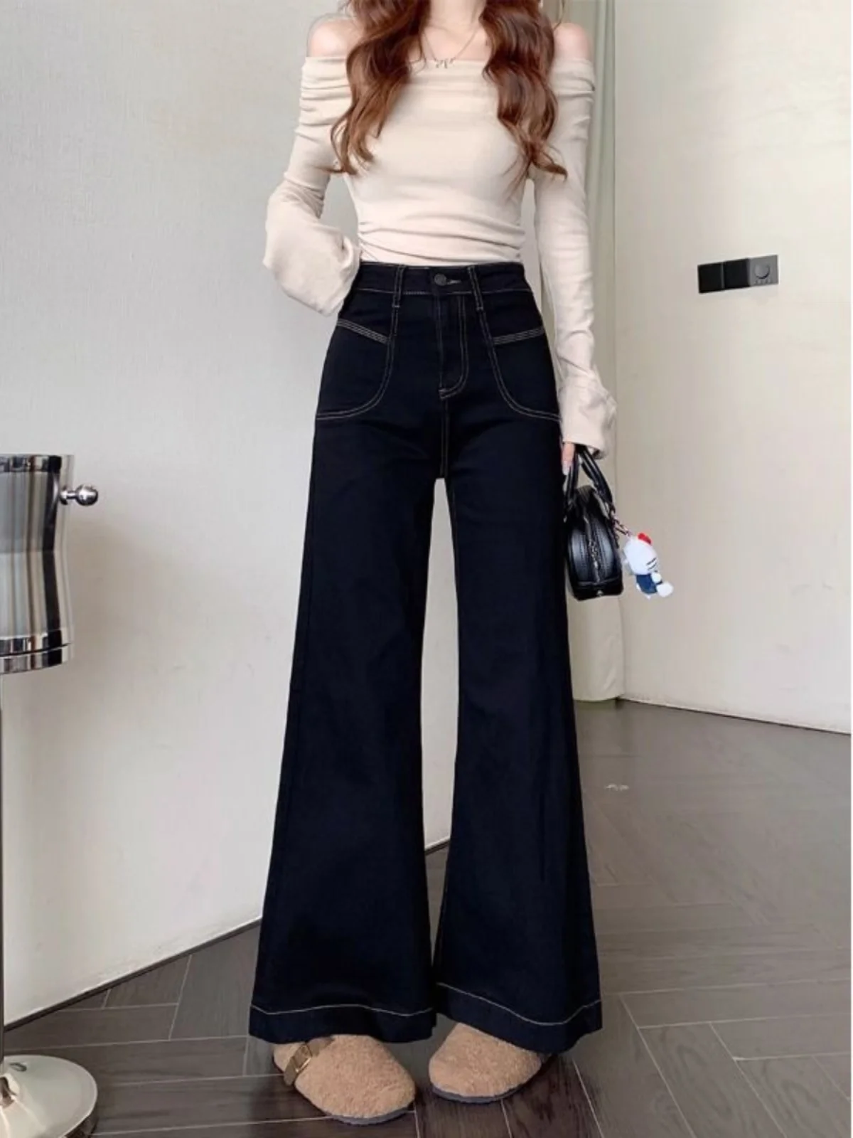 

Джинсы-клеш с высокой талией для женщин больших размеров, черные, утягивающие, с широкими штанинами, весна-осень, для фигуры типа «груша», свободный крой