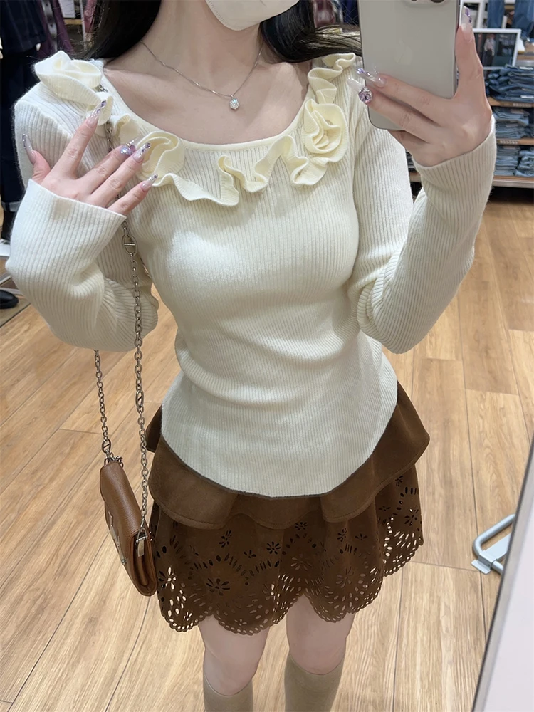 

Korean Ruffle Knit Crop Sweater Women Slim Fit Gentle Chic Sweet Bottoming Pullovers Solid Simple Long Sleeve Casual New Jumpers