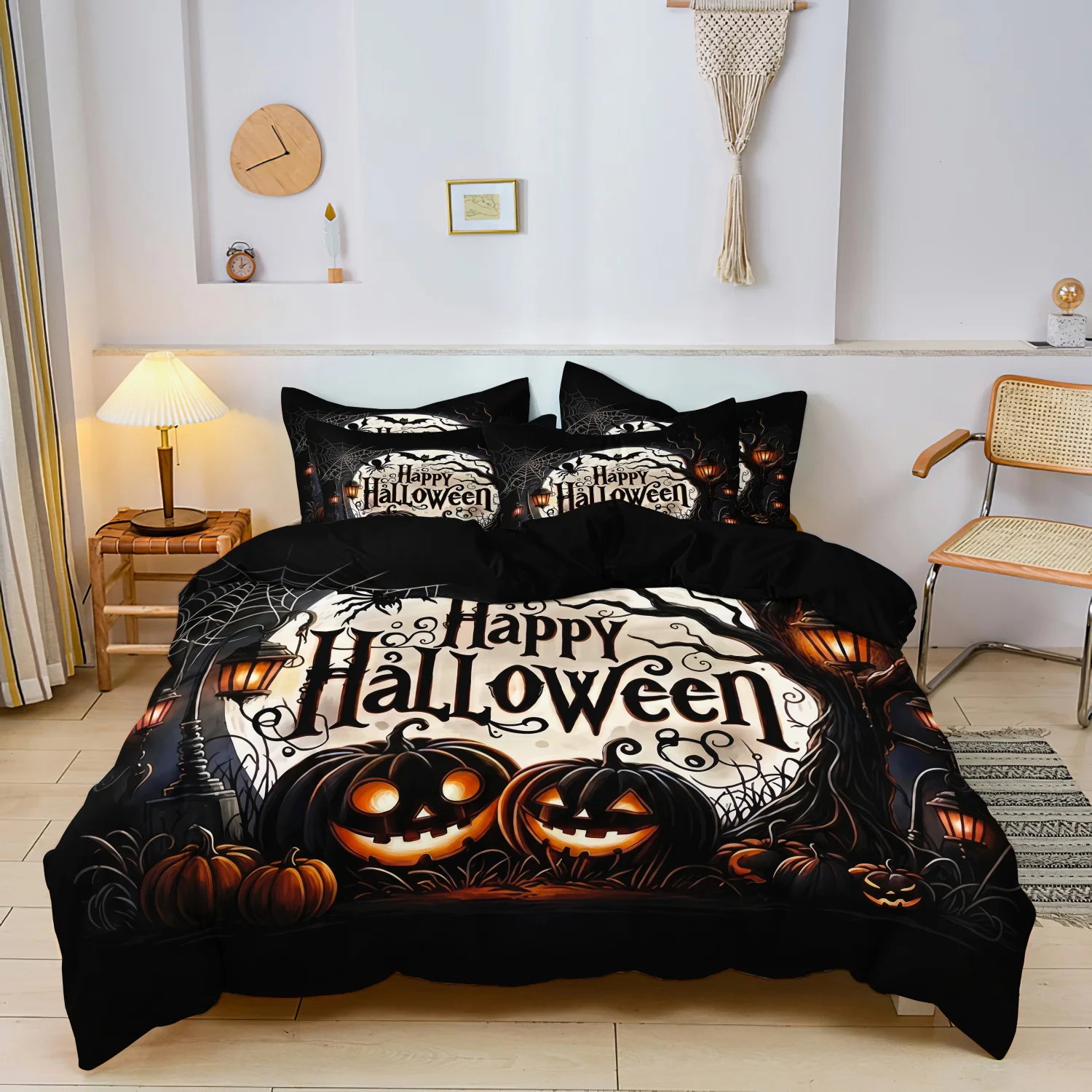  3Pcs Spooky Retro Halloween Print Duvet Cover Set, Happy Halloween Letter Pumpkin Spider Web Bat Old Lantern Print Bedding