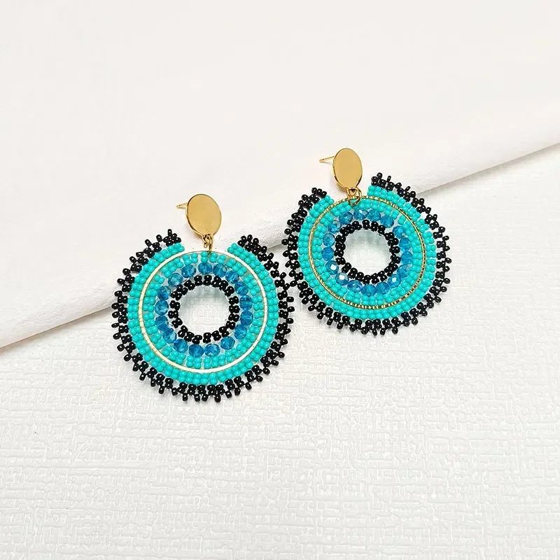 Rice bead earrings Circle Hollow out Crystal Fashion Hand knitting Alloy Bohemia Simple Geometry Graph Beaded earrings