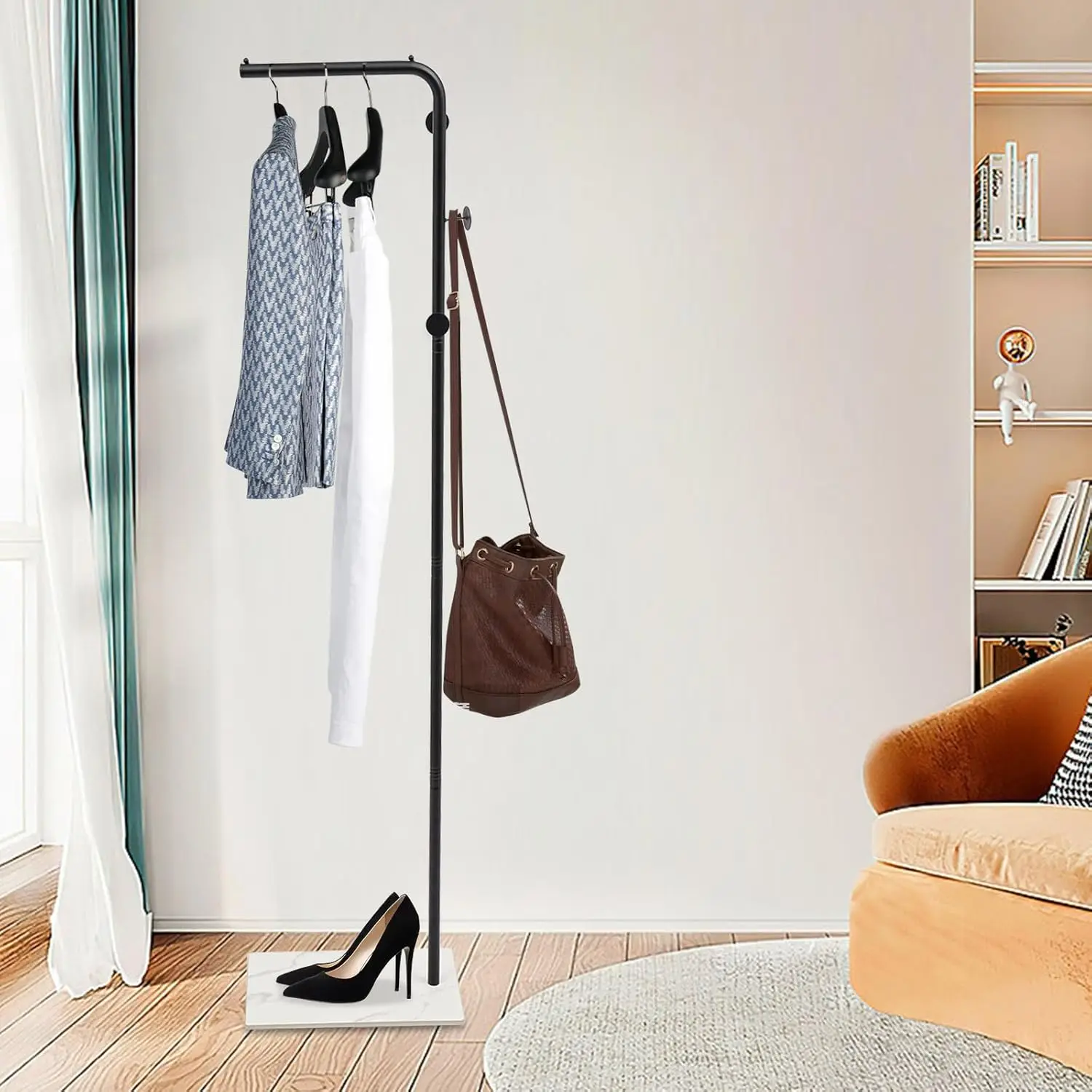 

L-shaped clothes rack, metal rod with three round-headed hooks, slate base, 170cm height, suitable for hallways, supports 35 kg