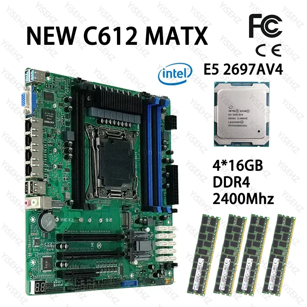 C612 NAS Motherboard Set With E5 2697AV4 4*16GB=64GB DDR4 Suitable For Servers Virtual Machines Routers 4x2.5GE 10xSATA Raid