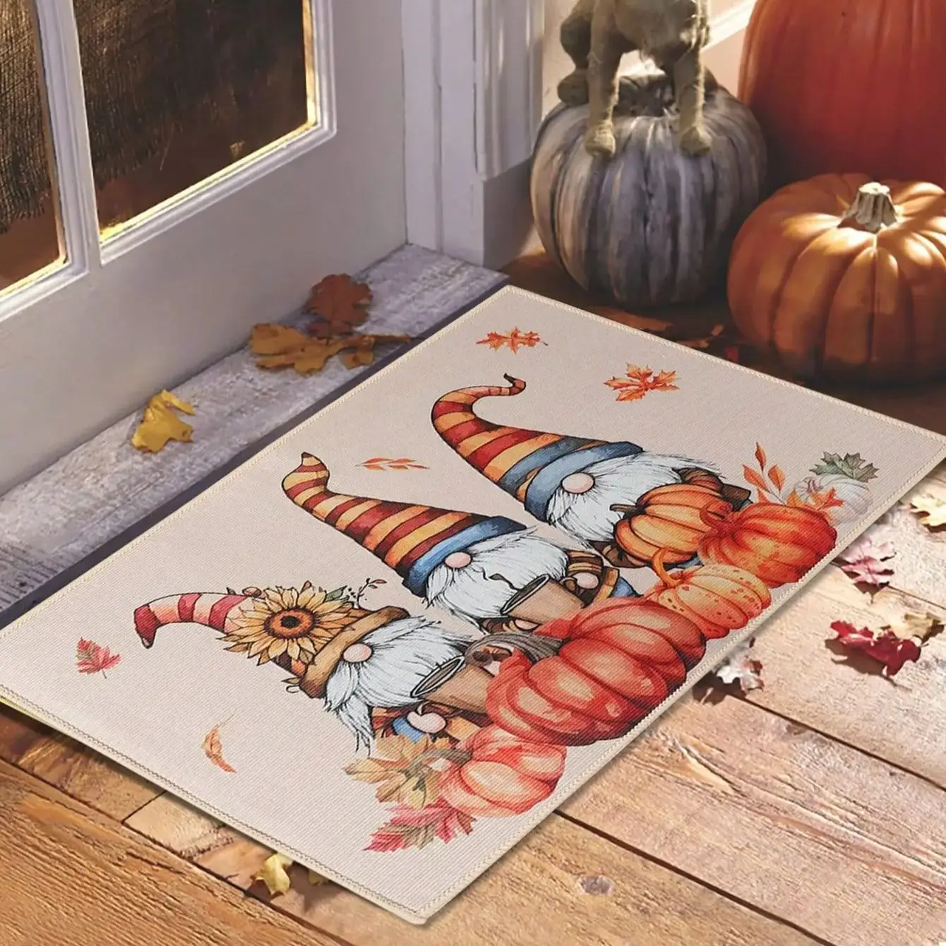 VIKAMA Autumn Welcome Door Mat Outdoor and Indoor Dwarf Pumpkin Floor Mat Kitchen Carpet Thanksgiving Home Decoration