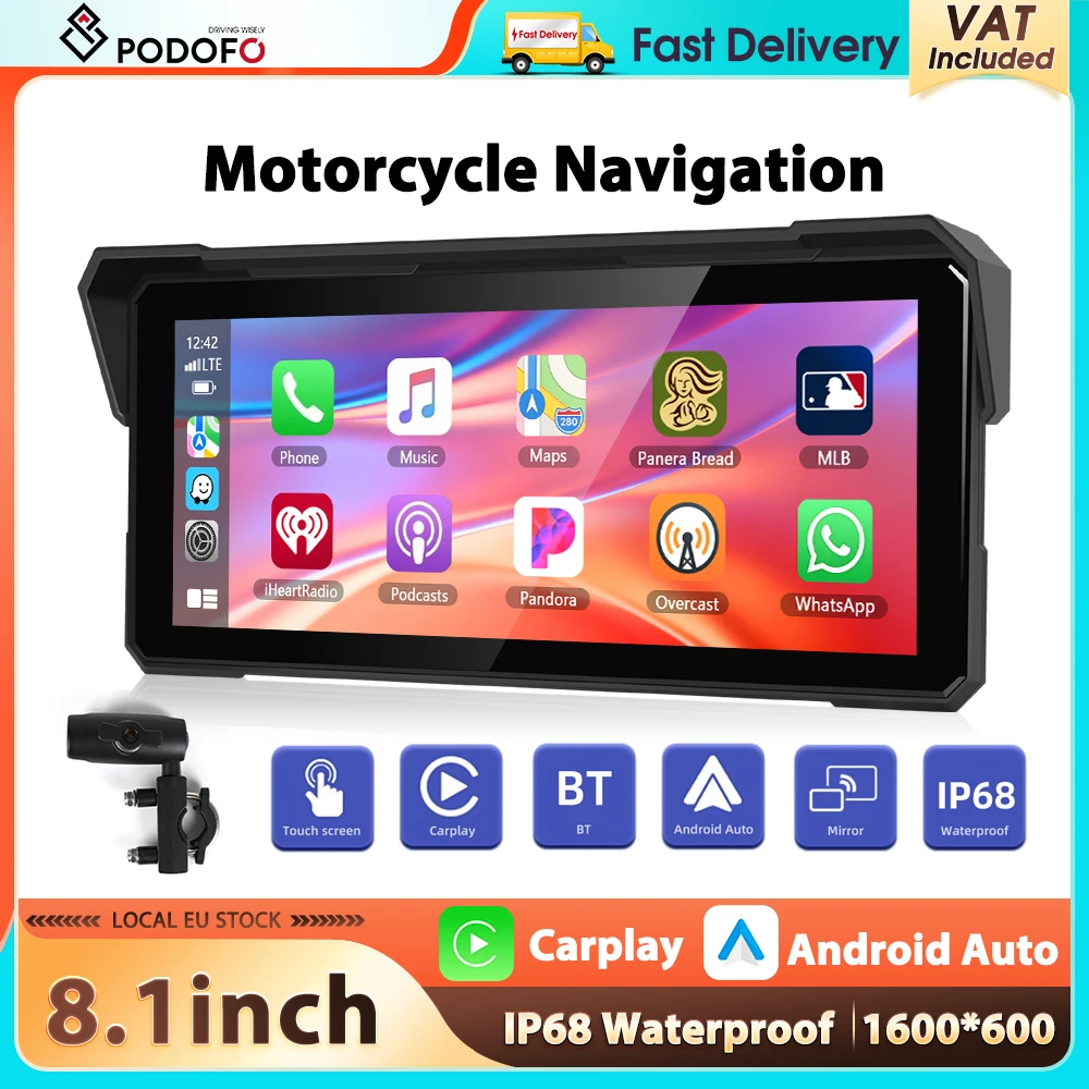 Podofo 8,1'' Motorrad Carplay Android Auto Smart Screen Player IP68 Wasserdicht EQ Sound Bluetooth Helligkeitsanpassung Airplay Android Cast
