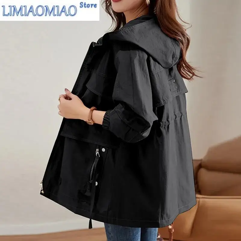 Jaqueta de algodão de comprimento médio com bolsos, casaco solto com capuz, trench coat, cáqui blac, fino e fino, alta qualidade, 4XL, novo, primavera e outono