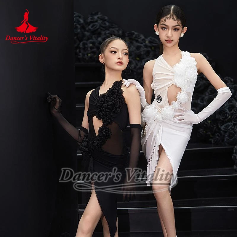 Child Pearl Tassel Hollowing Latin Training Dresses Dancer's Vitality Teenagers Chacha Samba Rumba Salsa Performance Clothing