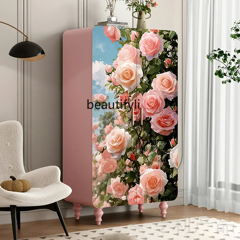 

ss25 French Romance Pink Rose Solid Wood Wardrobe Bedroom Storage Decorative Cloakroom Locker