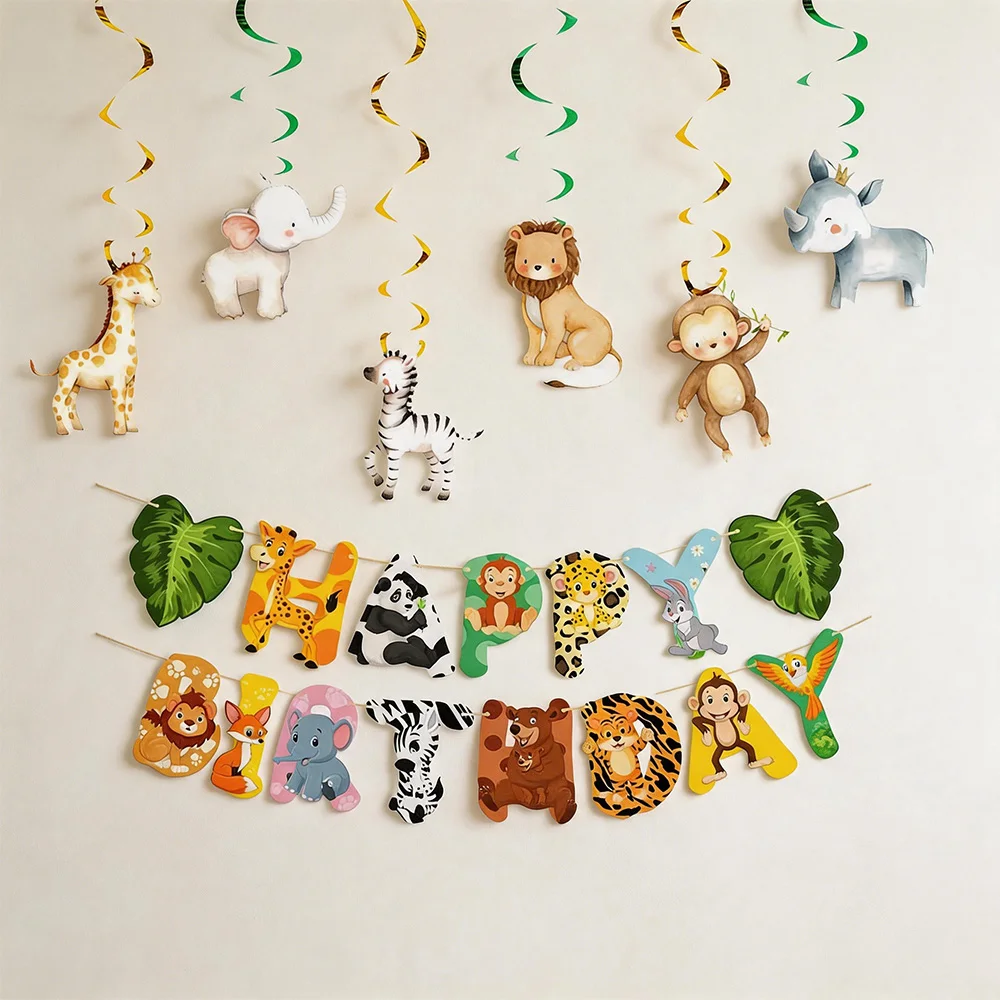 Dschungel-Safari-Party-Banner-Deko, Zebra-Banner-Girlande, hängende Spiraldeko, Kindergeburtstags-Geschenk, Dschungeltier-Party-Dekoration