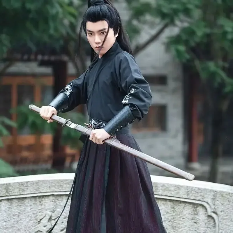 حجم كبير 4XL Hanfu الرجال الصينية التقليدية تأثيري حلي هالوين كوس زي القديمة Hanfu الأسود والأحمر قميص تنورة مجموعات