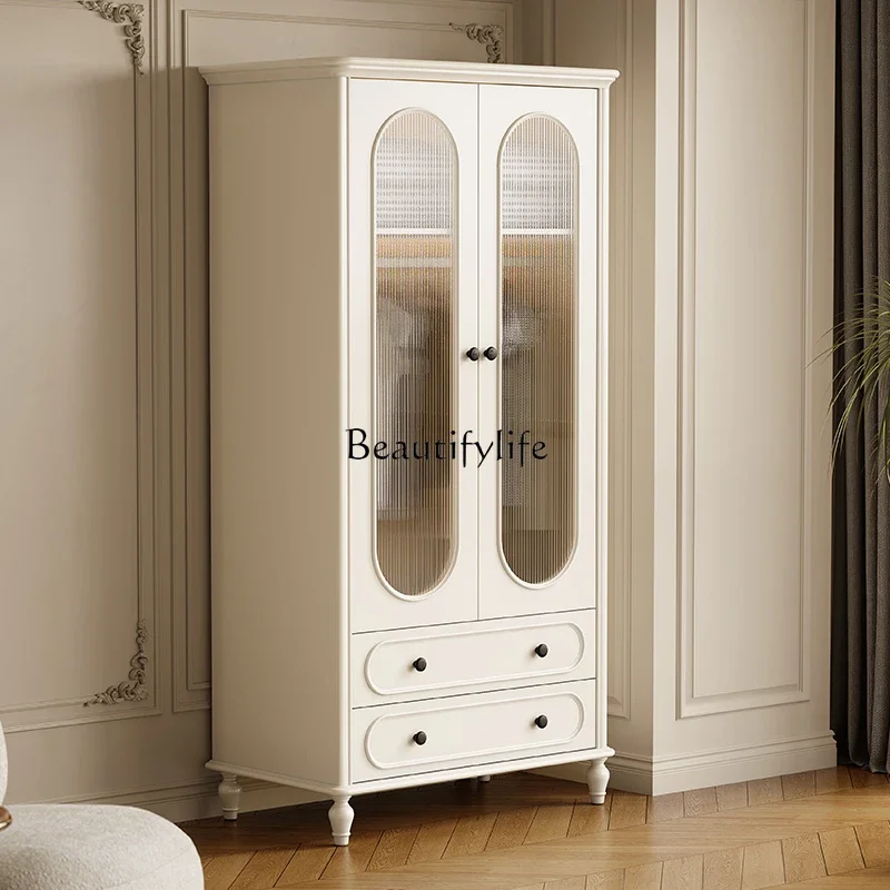 French cream style white solid wood wardrobe simple storage locker