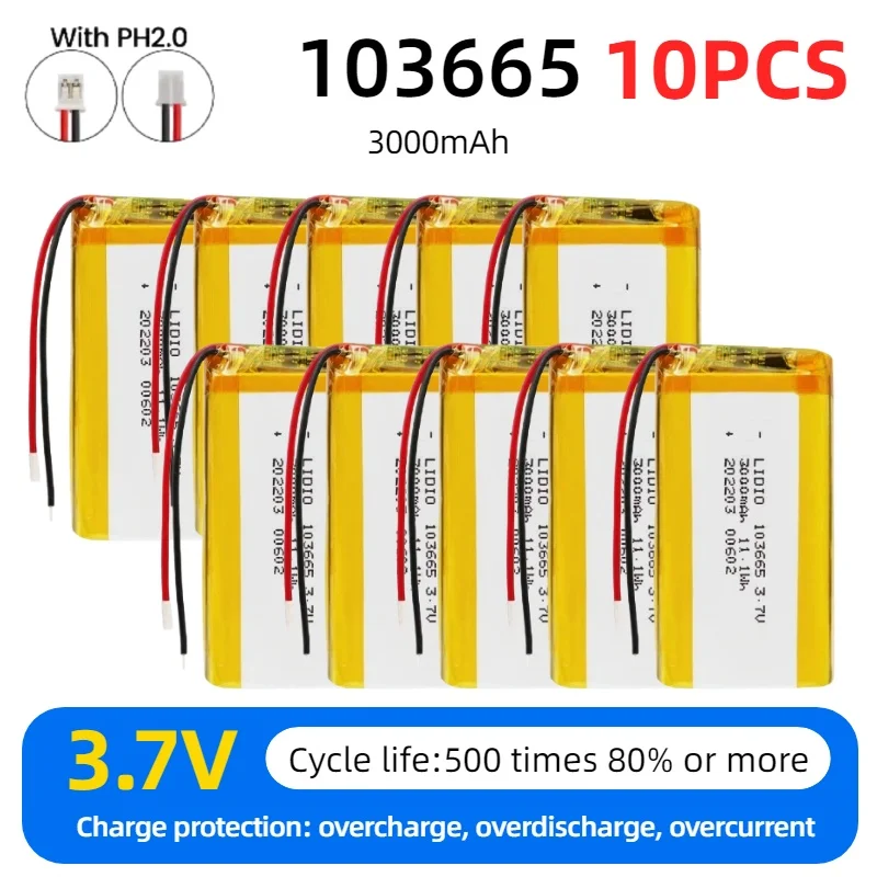 3.7V 3000mAh 103665 Li-Polymer Rechargeable Battery For Fingerprint Lock Pet Waterer Electric Shaver DVD Lipo Lithium Cell