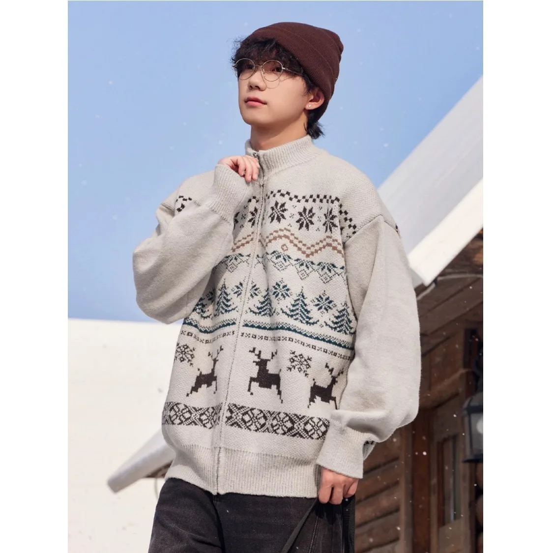 2026 New Jacquard Textured Fair Isle Cardigan Sweater Warm Men Autumn Winter Vintage Ethnic Style Soft Knit Cardigan Jacket Coat
